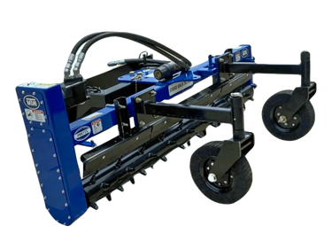 A heavy-duty power rake - professional attached to a tractor, used for breaking up and leveling soil.